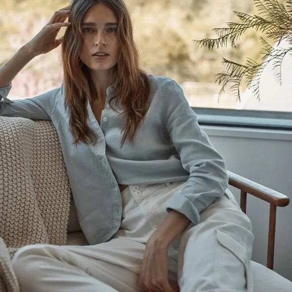 Quince European Linen Button Up Shirt Women’s Large Mist Blue NWT Long Sleeve - Picture 1 of 9